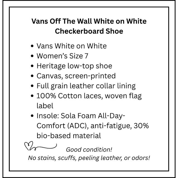 Vans Off The Wall White on White Checkerboard Skate Tennis Shoe Sneakers Size 7 - Picture 8 of 8